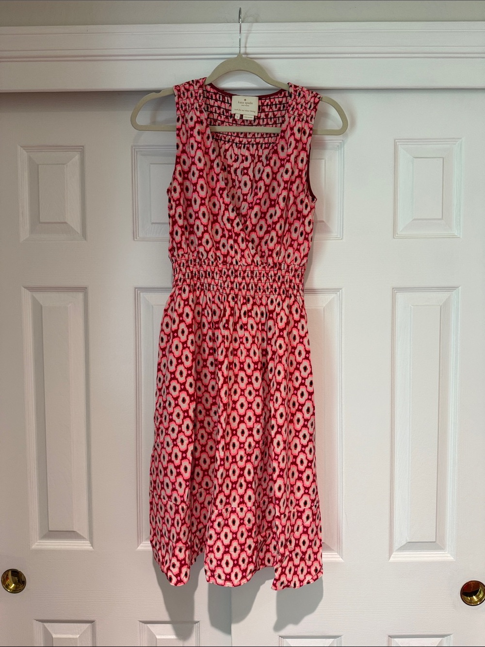 kate spade Pink and White Sleeveless Smocked-Waist Printed Dress